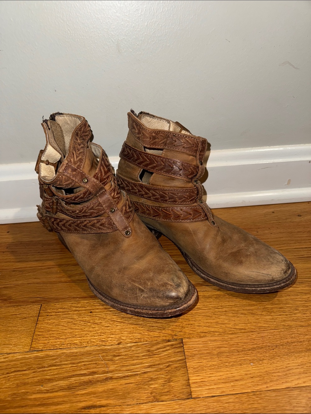 Freebird by Steven Brown Leather Braided Strap Ankle Boots